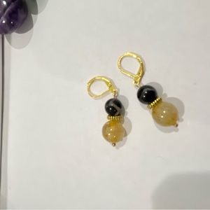 Golden Rutilated Quartz Stone precious Stone Bead Dangle Hook Earrings